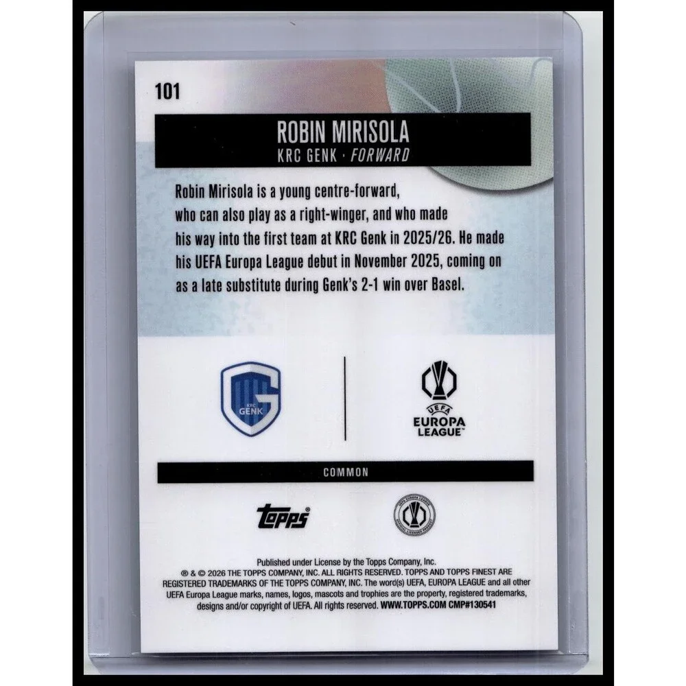 2025-26 Finest UEFA Robin Mirisola #101 Genk Blue Checkerboard Refractor #/99